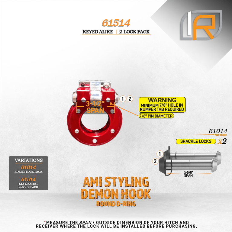 61514 | 2 Pack, Keyed Alike, Shackle Locks For AMI Styling Demon Hook Round & Square D-Ring - DOES NOT FIT OTHER STYLE HOOKS 