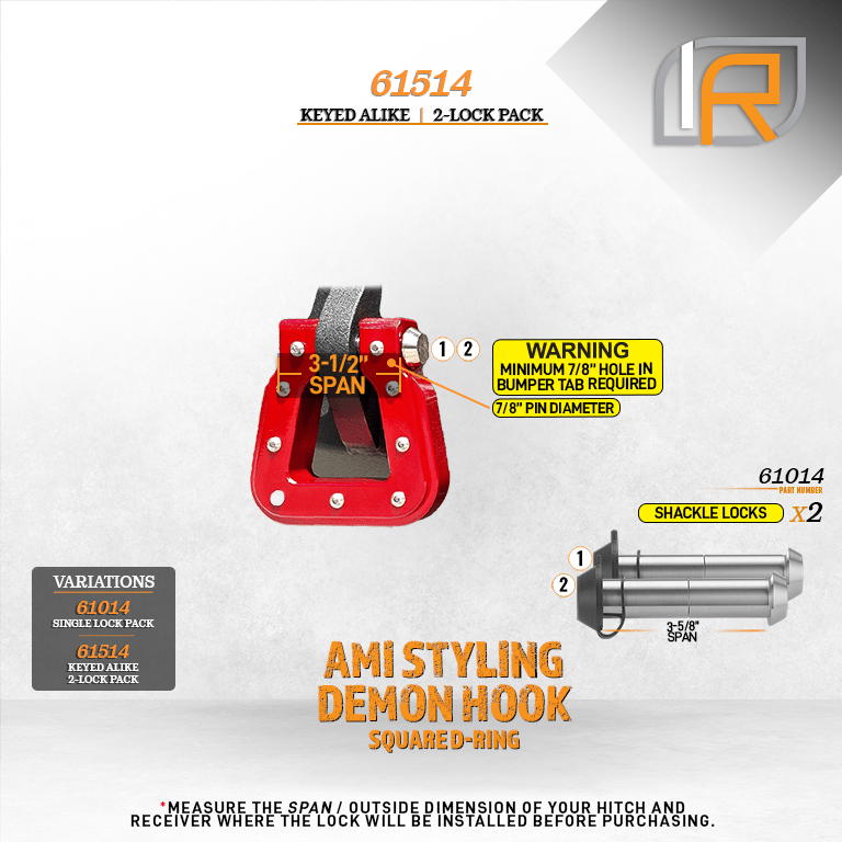 61514 | 2 Pack, Keyed Alike, Shackle Locks For AMI Styling Demon Hook Round & Square D-Ring - DOES NOT FIT OTHER STYLE HOOKS 