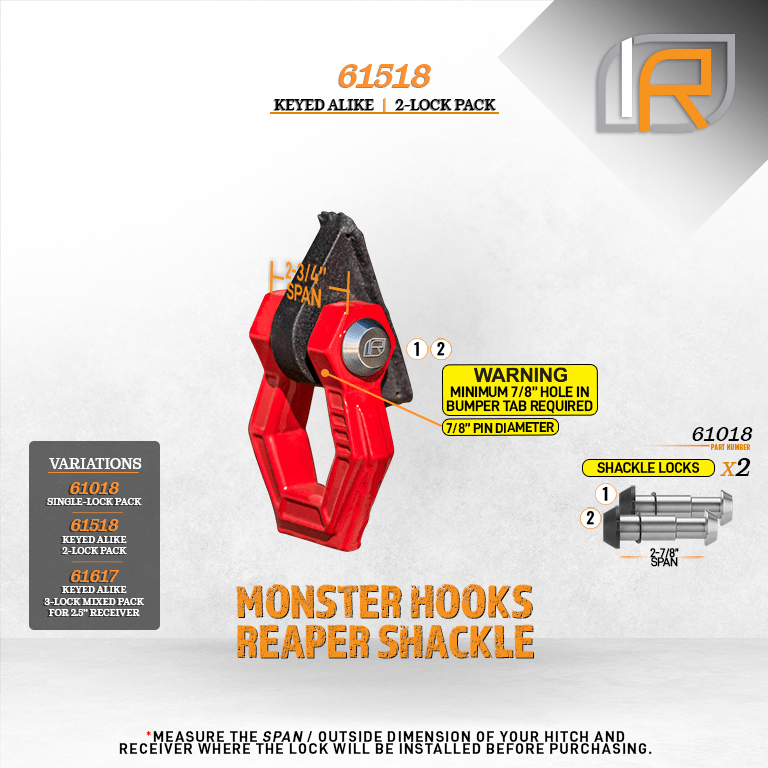 61518 | 2 Pack, Keyed Alike, Shackle Locks For Monster Hooks Reaper Shackle - DOES NOT FIT OTHER STYLE HOOKS & SHACKLES