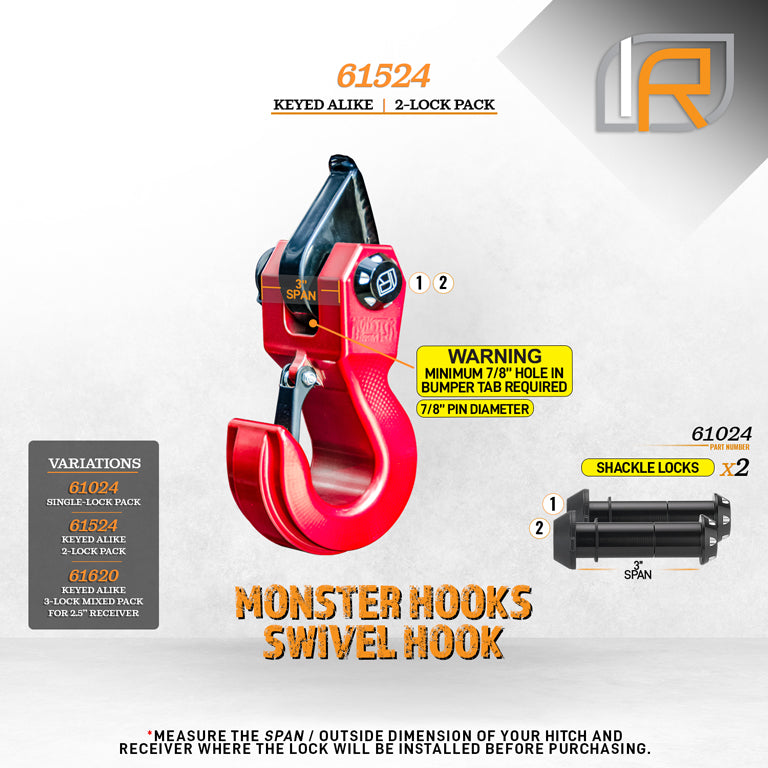 61524 | 2 Pack, Keyed Alike, Hook Locks For Monster Hooks Swivel & HammerHead Hooks - Black Anodized Aluminum - DOES NOT FIT 