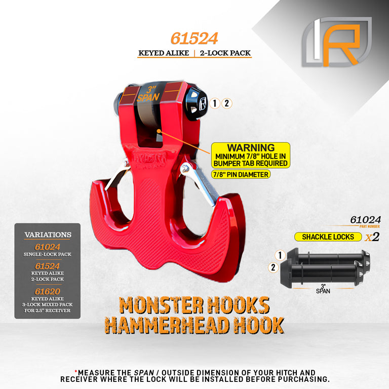 61524 | 2 Pack, Keyed Alike, Hook Locks For Monster Hooks Swivel & HammerHead Hooks - Black Anodized Aluminum - DOES NOT FIT 