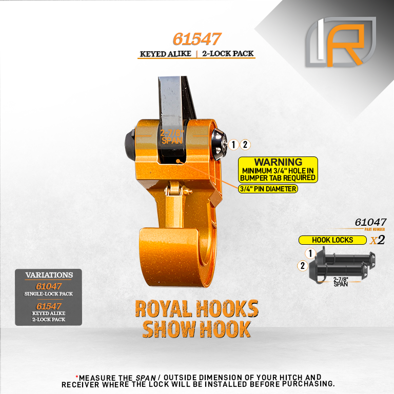61547 | 2 Pack, Keyed Alike, Shackle-Hook Locks For Royal Hooks Royal Shackle & Show Hook - NOT RATED FOR LIFTING OR PULLING 