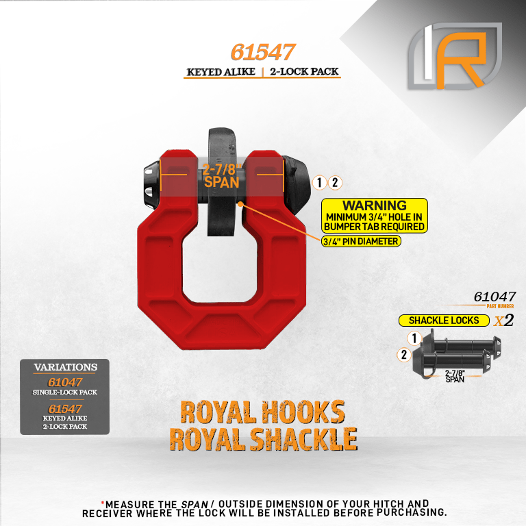 61547 | 2 Pack, Keyed Alike, Shackle-Hook Locks For Royal Hooks Royal Shackle & Show Hook - NOT RATED FOR LIFTING OR PULLING 