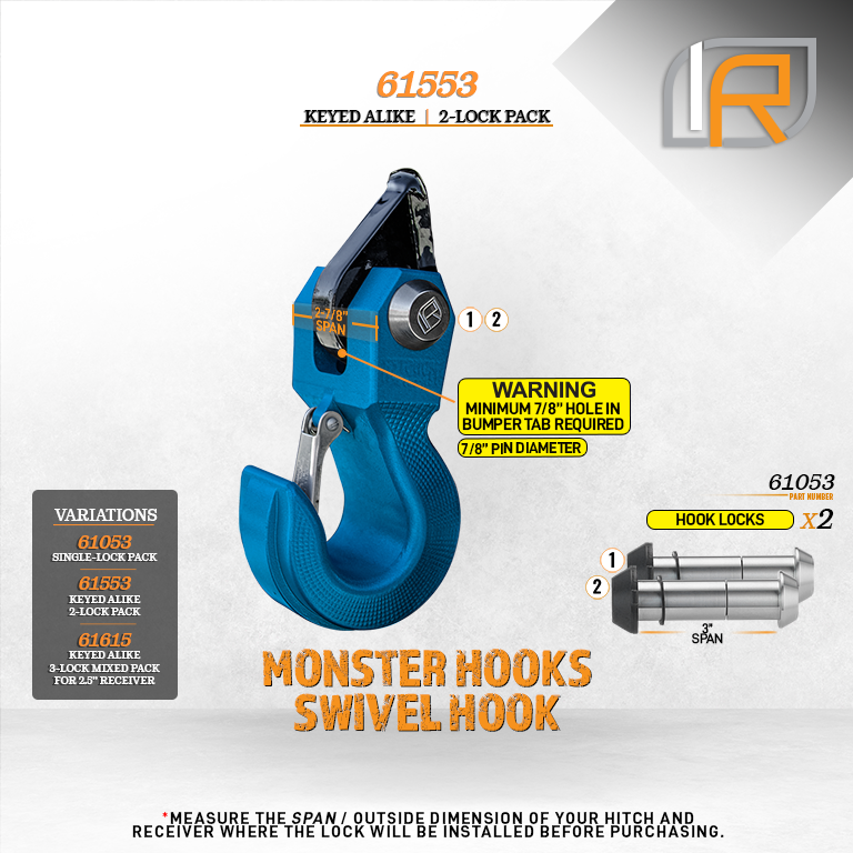 61553 | 2 Pack, Keyed Alike, Hook Locks For Monster Hooks Swivel Hook & HammerHead Hook - DOES NOT FIT OTHER STYLE HOOKS & SH