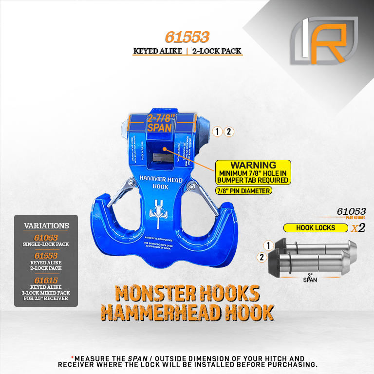 61553 | 2 Pack, Keyed Alike, Hook Locks For Monster Hooks Swivel Hook & HammerHead Hook - DOES NOT FIT OTHER STYLE HOOKS & SH