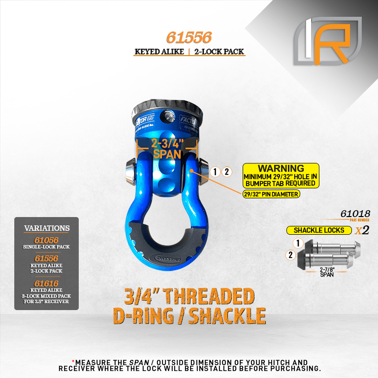 61556 | 2 Pack, Keyed Alike, Shackle Locks For 3/4" Threaded D-Ring Shackle - DOES NOT FIT OTHER STYLE HOOKS & SHACKLES