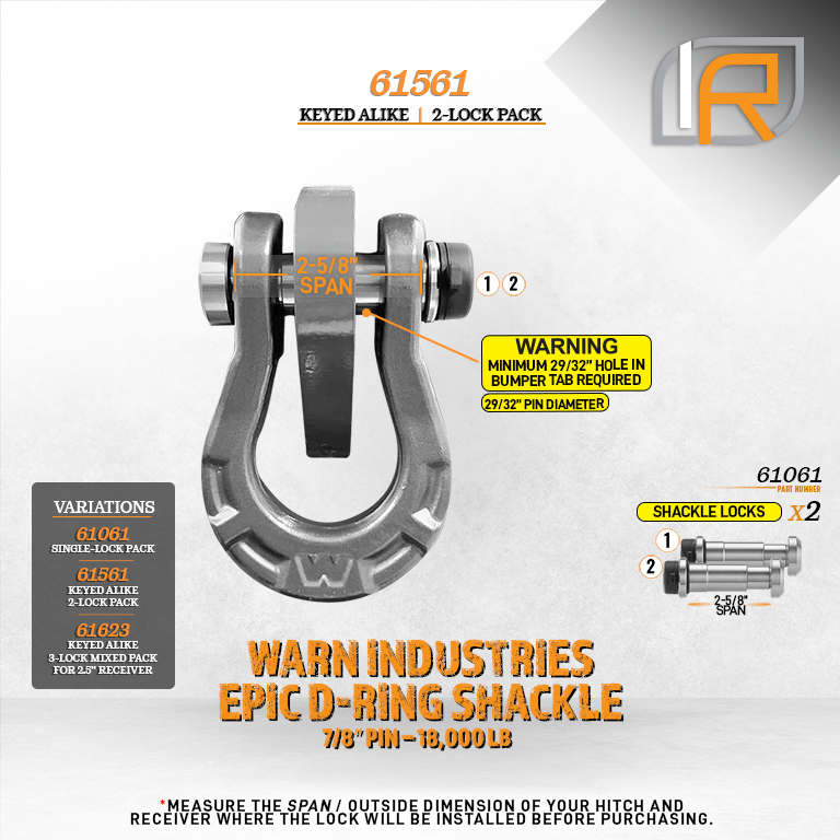 61561 | 2 Pack, Keyed Alike, Shackle Locks For Warn Epic D-Ring Shackle 18K LB - DOES NOT FIT OTHER STYLE HOOKS & SHACKLES