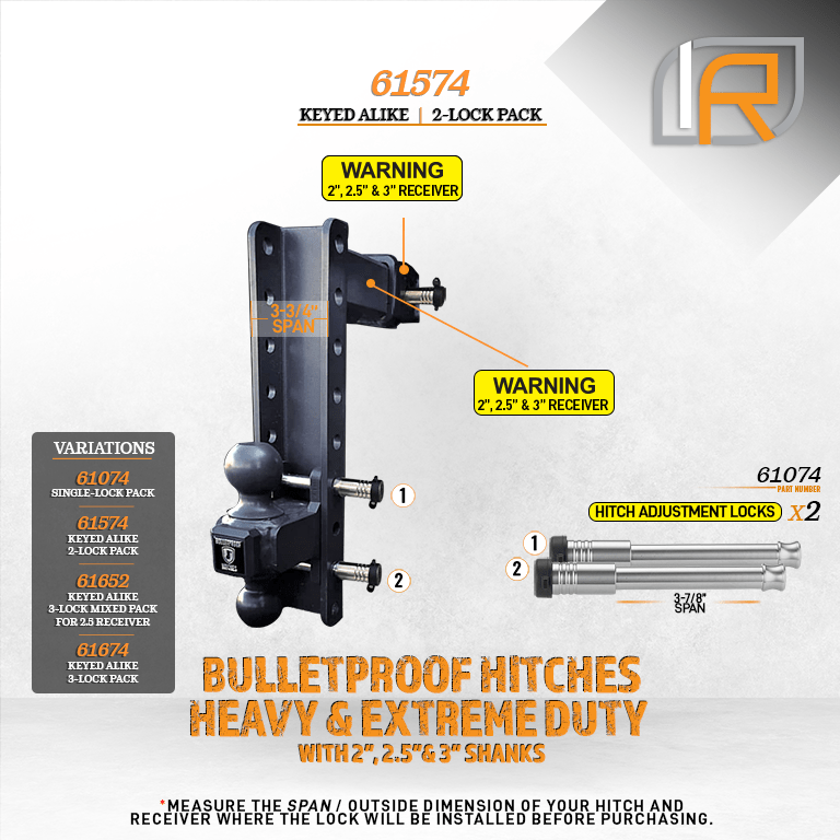 61574 | 2 Pack, Keyed Alike, Hitch Locks For BulletProof 2.0", 2.5", & 3.0" Drop Hitch - Fits Adjustable Ball Mount Only - DO