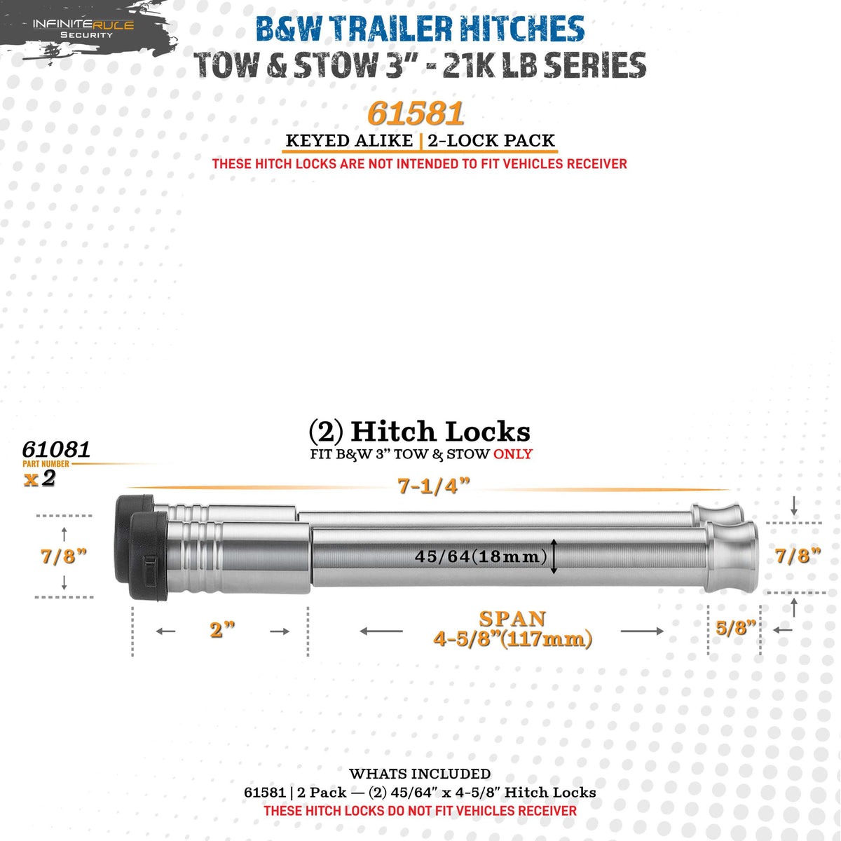 61581 | 2 Pack, Keyed Alike, Hitch Locks For B&W 3" Tow And Stow 21K LB Hitch - Fits Adjustable Ball Mount Only - DOES NOT FI
