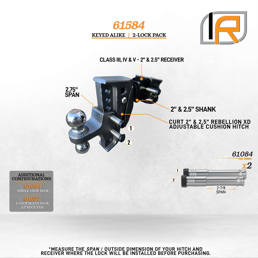 61584 | 2 Pack, Keyed Alike, Hitch Locks For Curt Rebellion XD Adjustable Cushion Hitch - Fits Adjustable Ball Mount Only - D