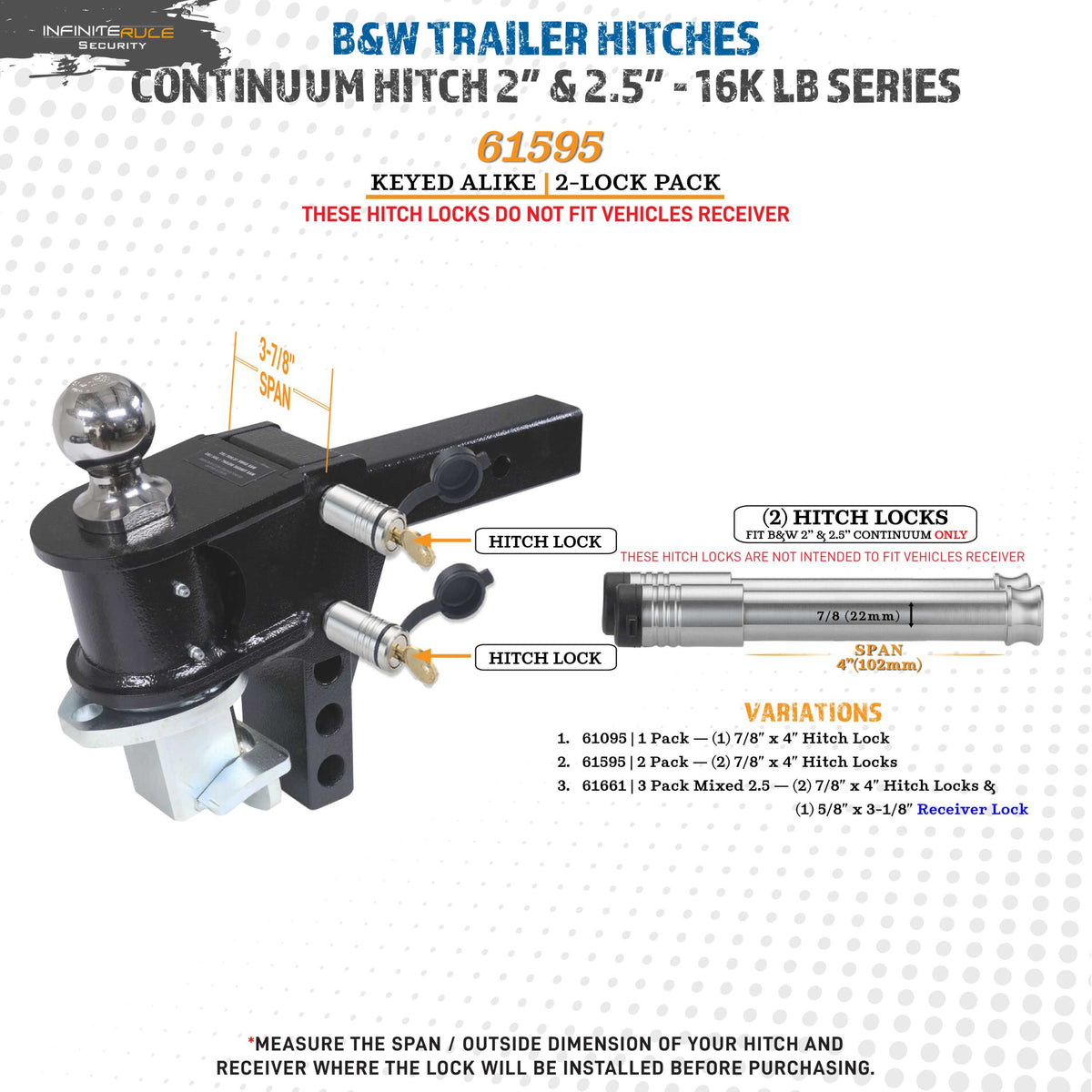 61595 | 2 Pack, Keyed Alike, Hitch Locks For B&W 2.0" & 2.5" Continuum Hitch 16K LB - Fits Adjustable Ball Mount Only - DOES 