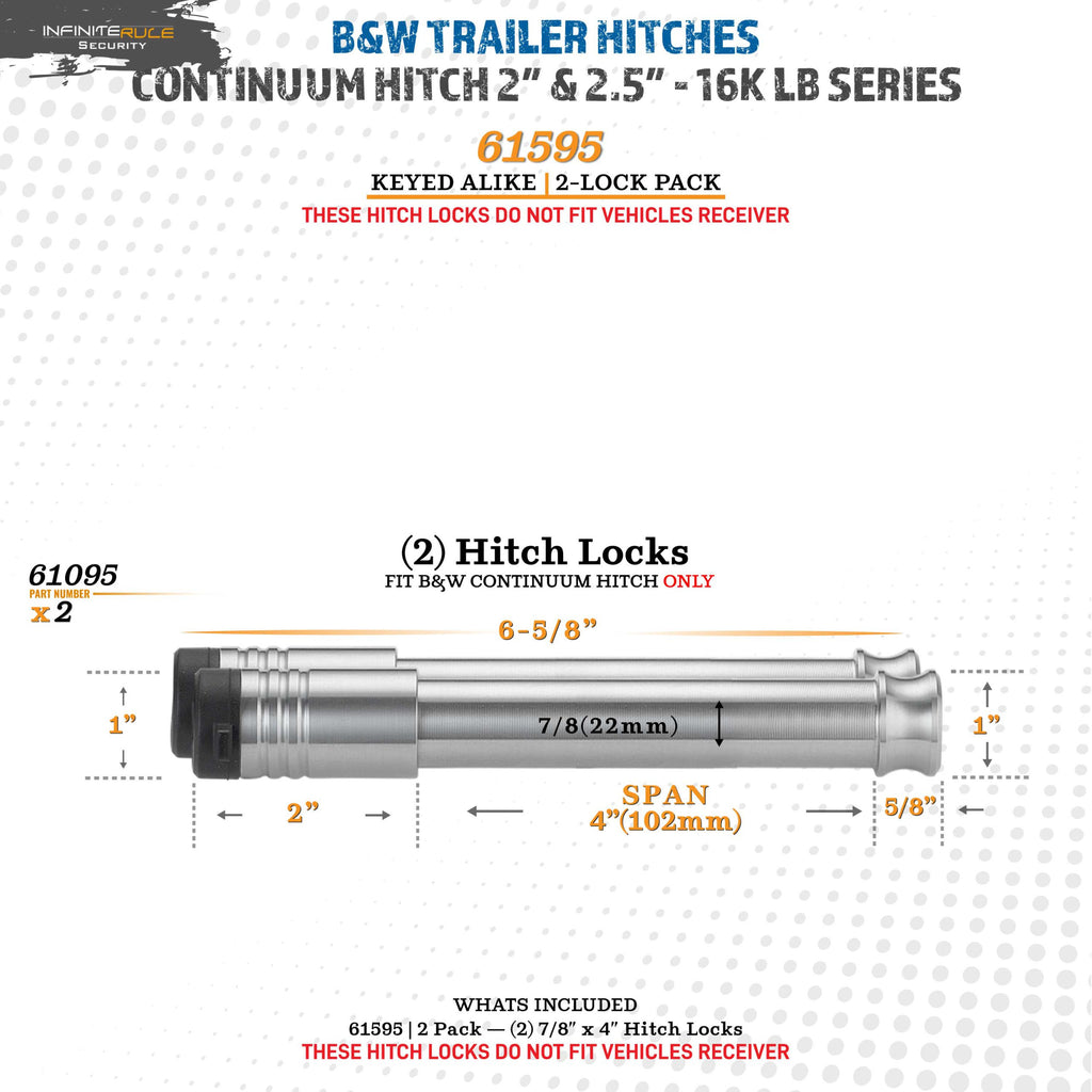 61595 | 2 Pack, Keyed Alike, Hitch Locks For B&W 2.0" & 2.5" Continuum Hitch 16K LB - Fits Adjustable Ball Mount Only - DOES 