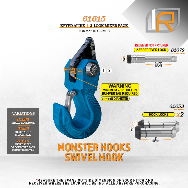 61615 | 3 Pack Mixed 2.5, Keyed Alike, Hook Locks For Monster Hooks Swivel Hook & HammerHead Hook - Includes Lock For 2.5" Re