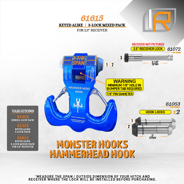 61615 | 3 Pack Mixed 2.5, Keyed Alike, Hook Locks For Monster Hooks Swivel Hook & HammerHead Hook - Includes Lock For 2.5" Re