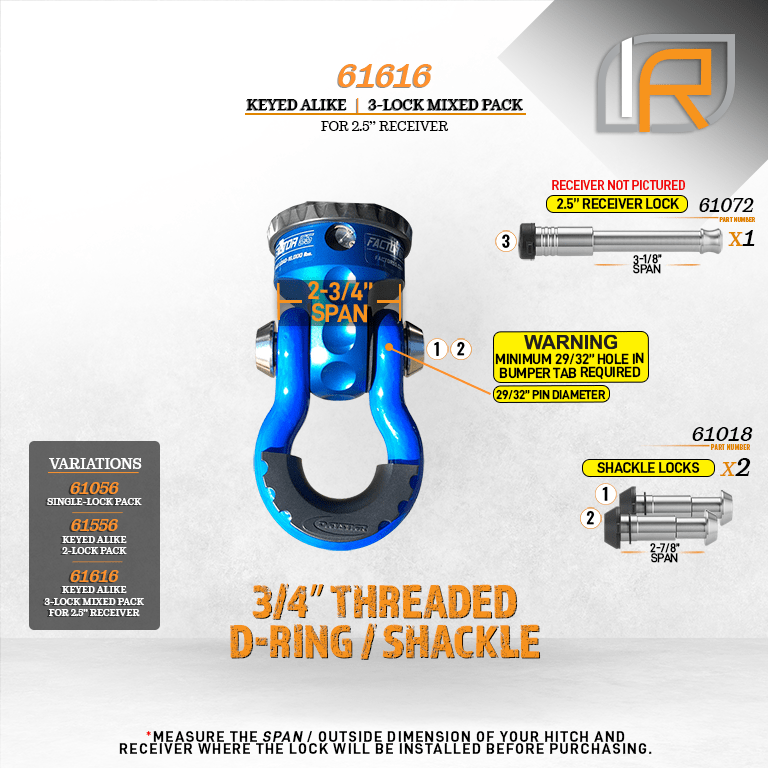 61616 | 3 Pack Mixed 2.5, Keyed Alike, Shackle Locks For 3/4" Threaded D-Ring Shackle - Includes Lock For 2.5" Receiver - DOE
