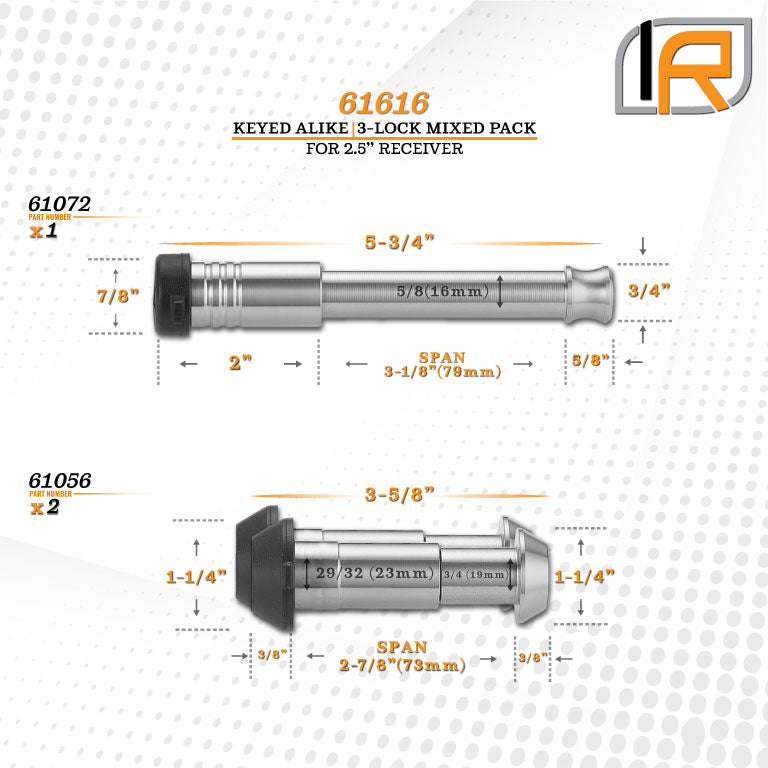 61616 | 3 Pack Mixed 2.5, Keyed Alike, Shackle Locks For 3/4" Threaded D-Ring Shackle - Includes Lock For 2.5" Receiver - DOE