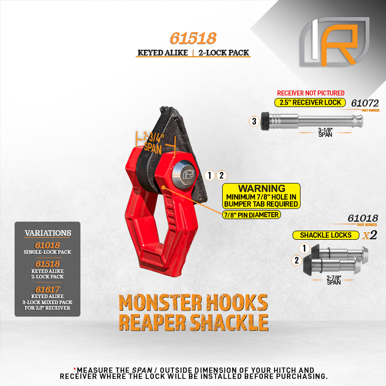 61617 | 3 Pack Mixed 2.5, Keyed Alike, Shackle Locks For Monster Hooks Reaper Shackle - Includes Lock For 2.5" Receiver - DOE