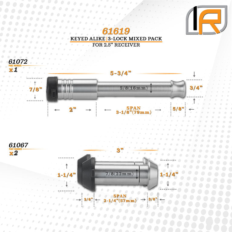 61619 | 3 Pack Mixed 2.5, Keyed Alike, Shackle Locks For General Purpose Shackle - (7/8" x 2-1/4" Span) - Includes Lock For 2