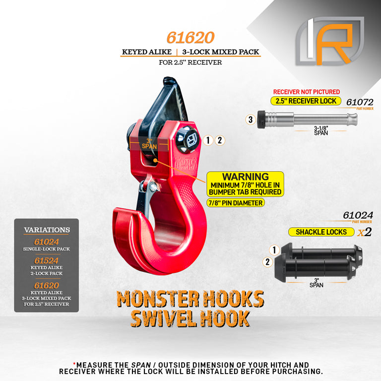 61620 | 3 Pack Mixed 2.5, Keyed Alike, Hook Locks For Monster Hooks Swivel & HammerHead Hooks - Black Anodized Aluminum - Inc
