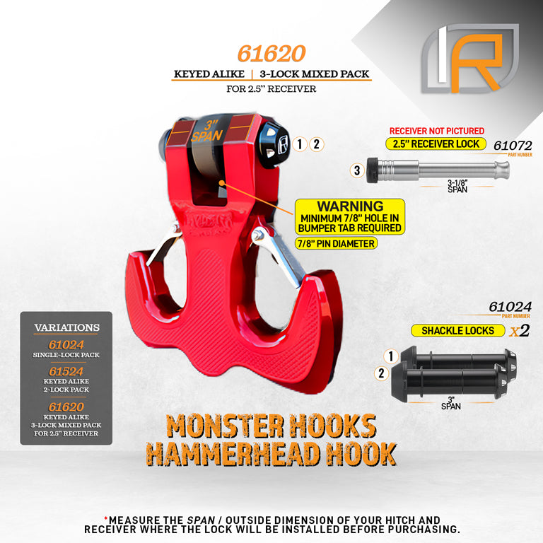61620 | 3 Pack Mixed 2.5, Keyed Alike, Hook Locks For Monster Hooks Swivel & HammerHead Hooks - Black Anodized Aluminum - Inc