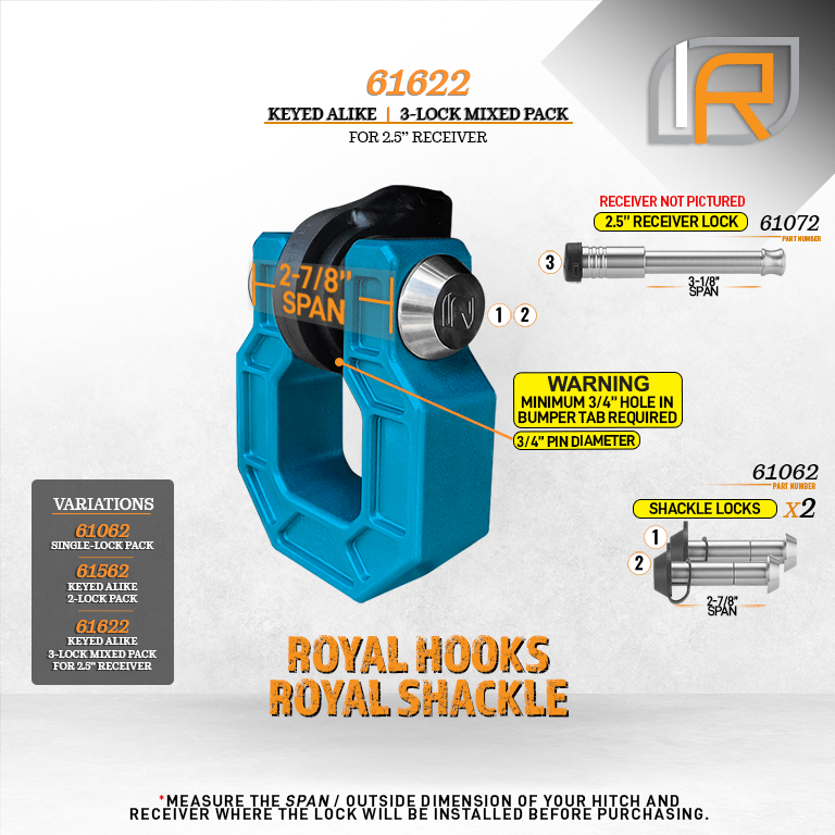 61622 | 3 Pack Mixed 2.5, Keyed Alike, Shackle-Hook Locks For Royal Hooks Royal Shackle & Show Hook - Includes Lock For 2.5" 