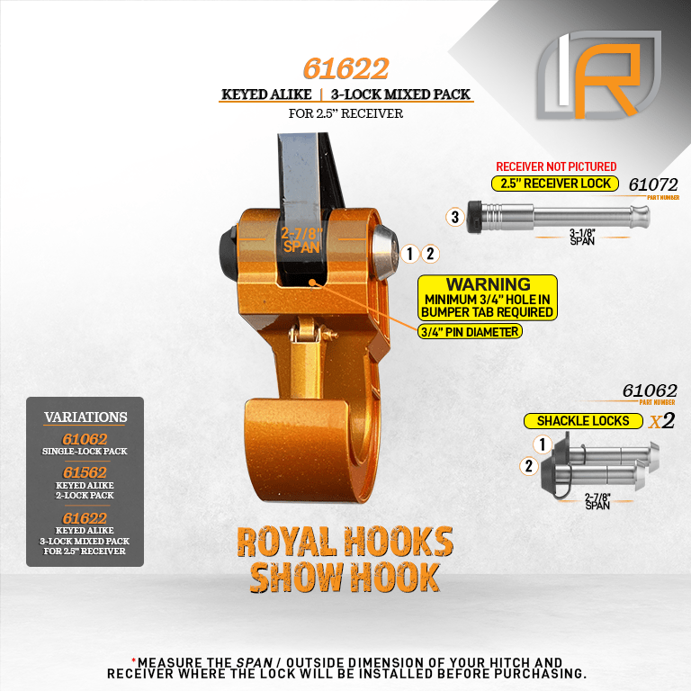 61622 | 3 Pack Mixed 2.5, Keyed Alike, Shackle-Hook Locks For Royal Hooks Royal Shackle & Show Hook - Includes Lock For 2.5" 