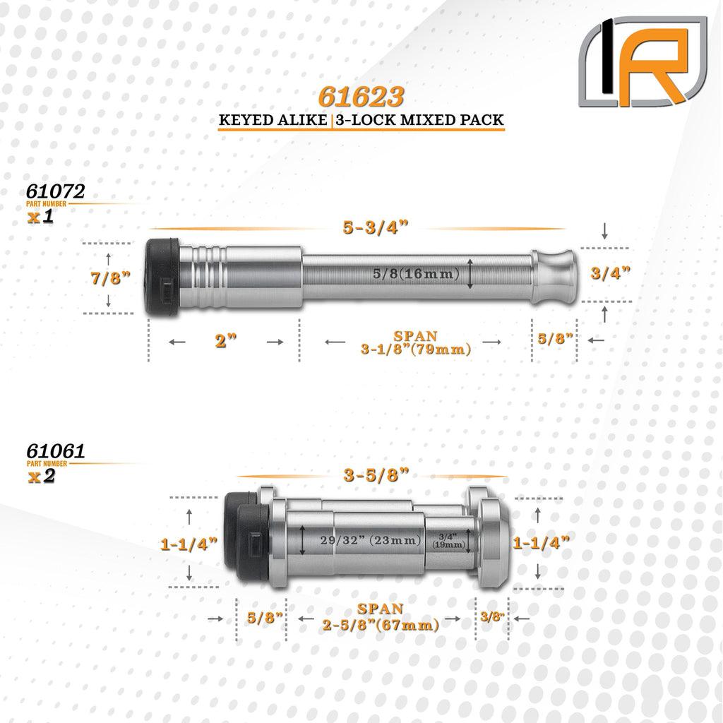 61623 | 3 Pack Mixed 2.5, Keyed Alike, Shackle Locks For Warn Epic D-Ring Shackle 18K LB - Includes Lock For 2.5" Receiver - 