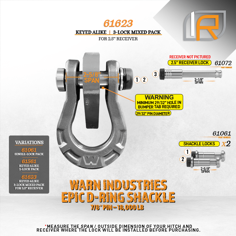 61623 | 3 Pack Mixed 2.5, Keyed Alike, Shackle Locks For Warn Epic D-Ring Shackle 18K LB - Includes Lock For 2.5" Receiver - 