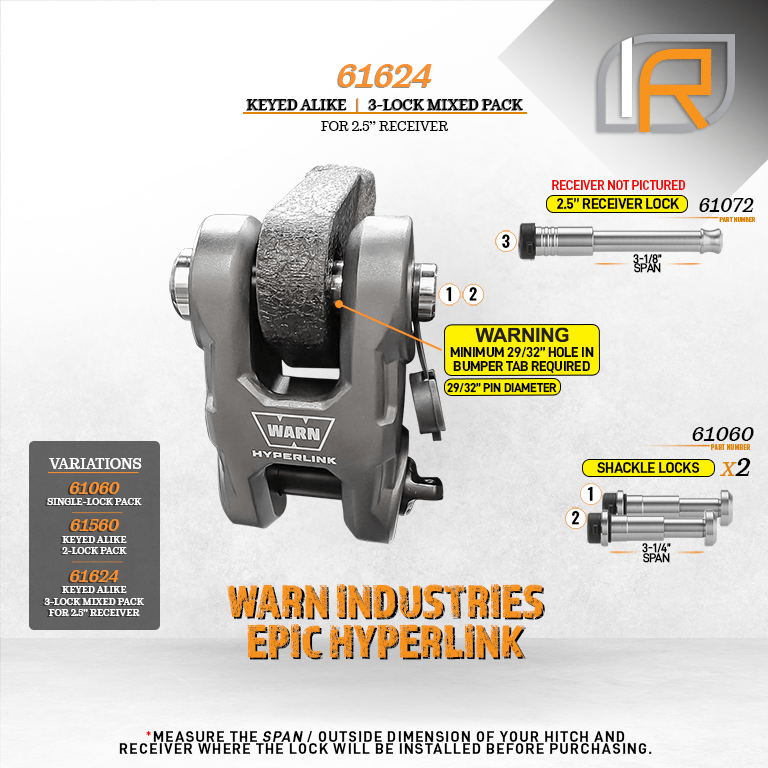 61624 | 3 Pack Mixed 2.5, Keyed Alike, Shackle Locks For Warn Epic Hyperlink Dual Link Shackle - Includes Lock For 2.5" Recei