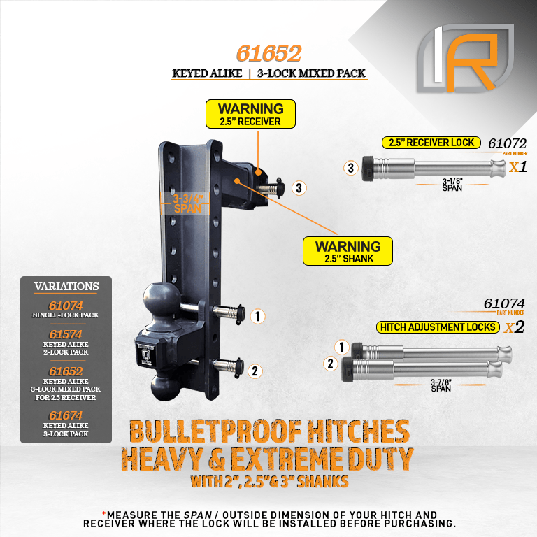 61652 | 3 Pack Mixed 2.5, Keyed Alike, Hitch Locks For BulletProof 2.0", 2.5", & 3.0" Drop Hitch - Includes Lock For 2.5" Rec