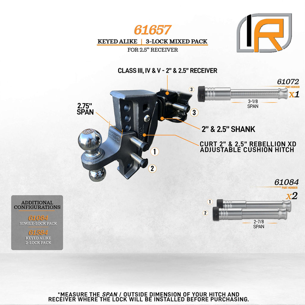 61657 | 3 Pack Mixed 2.5, Keyed Alike, Hitch Locks For Curt Rebellion XD Adjustable Cushion Hitch - Includes Lock For 2.5" Re