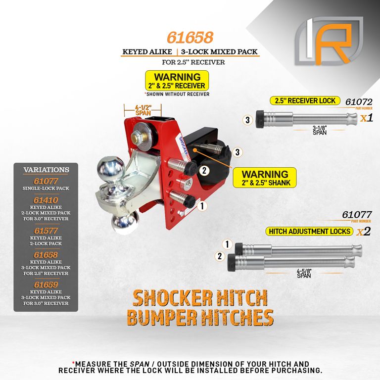 61658 | 3 Pack Mixed 2.5, Keyed Alike, Hitch Locks For Shocker Hitch Bumper Hitch - Includes Lock For 2.5" Receiver