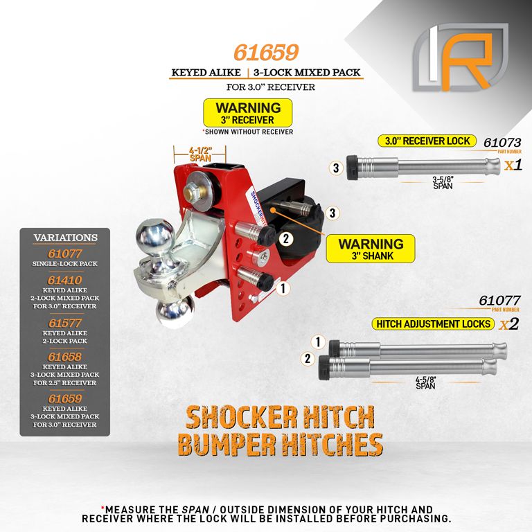 61659 | 3 Pack Mixed 3.0, Keyed Alike, Hitch Locks For Shocker Hitch Bumper Hitch - Includes Lock For 3.0" Receiver