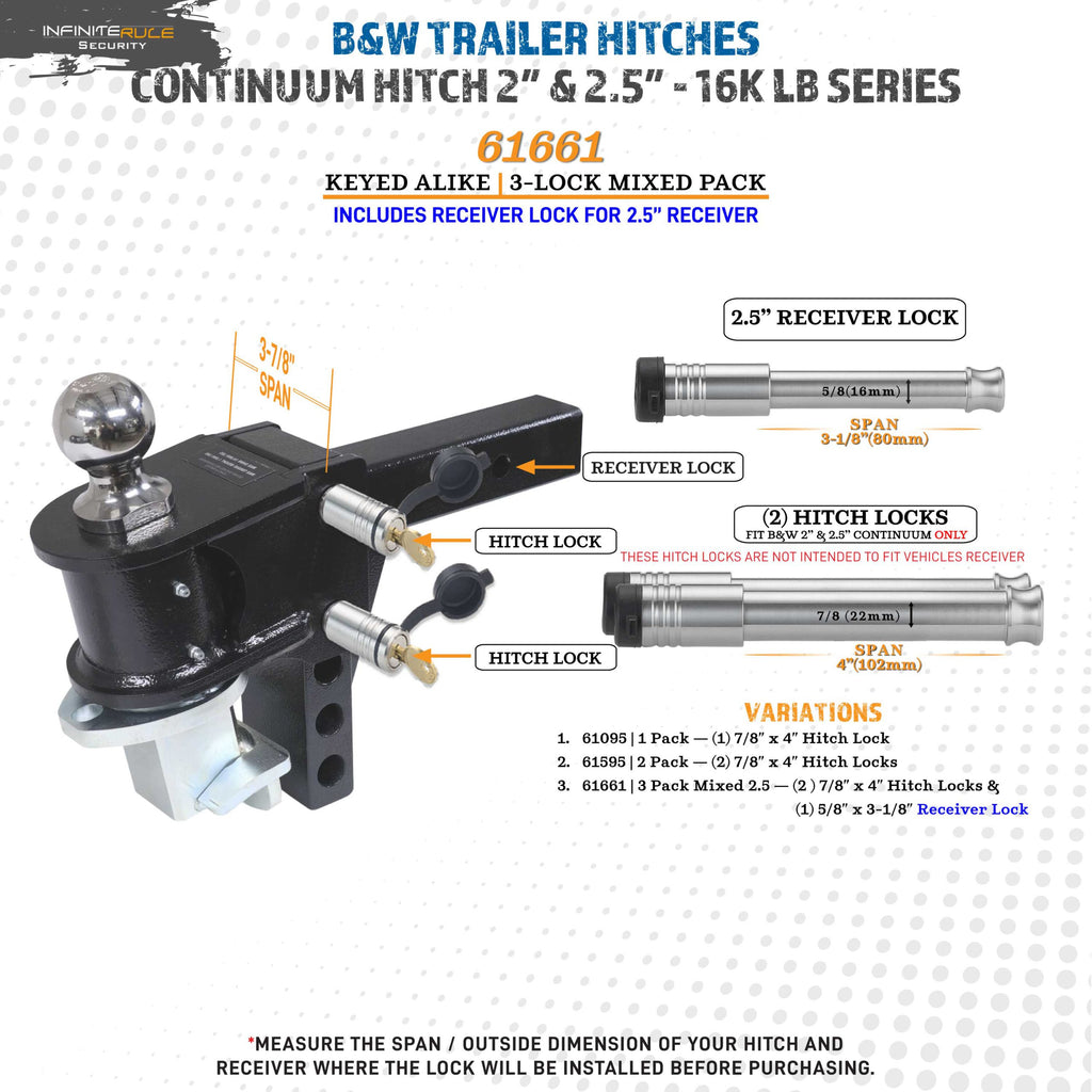 61661 | 3 Pack Mixed 2.5, Keyed Alike, Hitch Locks For B&W 2.0" & 2.5" Continuum Hitch 16K LB - Includes Lock For 2.5" Receiv