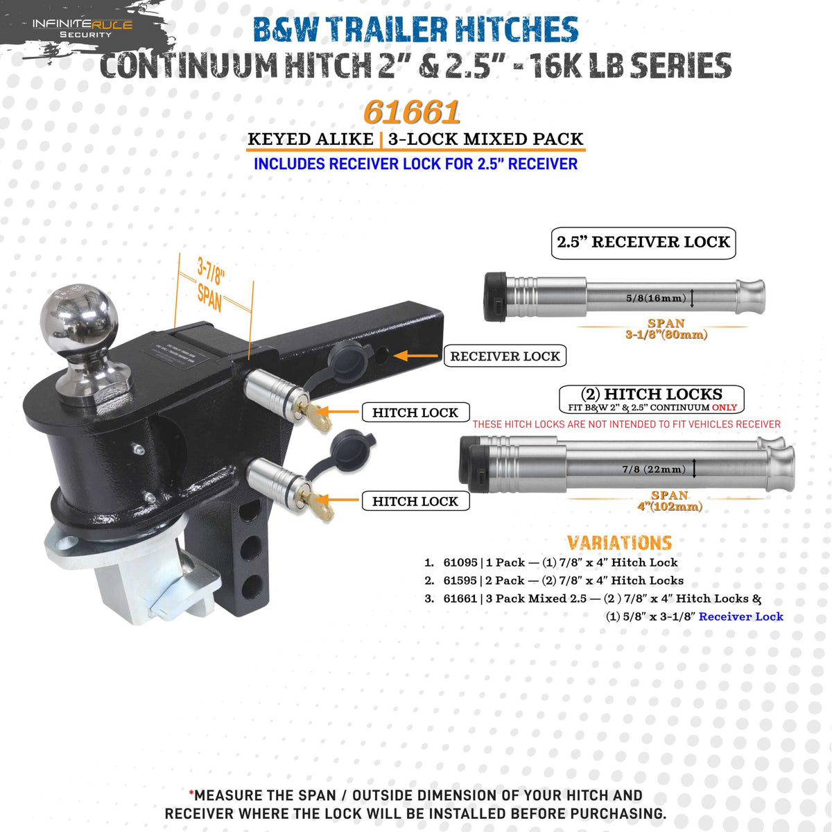 61661 | 3 Pack Mixed 2.5, Keyed Alike, Hitch Locks For B&W 2.0" & 2.5" Continuum Hitch 16K LB - Includes Lock For 2.5" Receiv