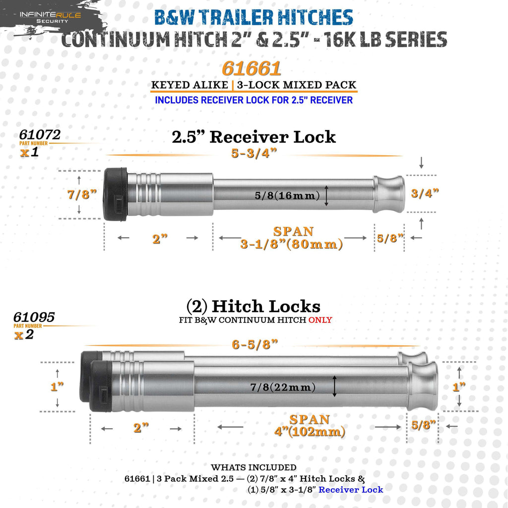 61661 | 3 Pack Mixed 2.5, Keyed Alike, Hitch Locks For B&W 2.0" & 2.5" Continuum Hitch 16K LB - Includes Lock For 2.5" Receiv
