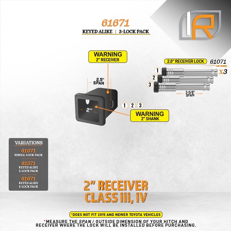 61671 | 3 Pack, Keyed Alike, Receiver Locks For 2.0" Receiver - Clas III, IV - DOES NOT FIT 2015+ Toyota 2.0" Receiver