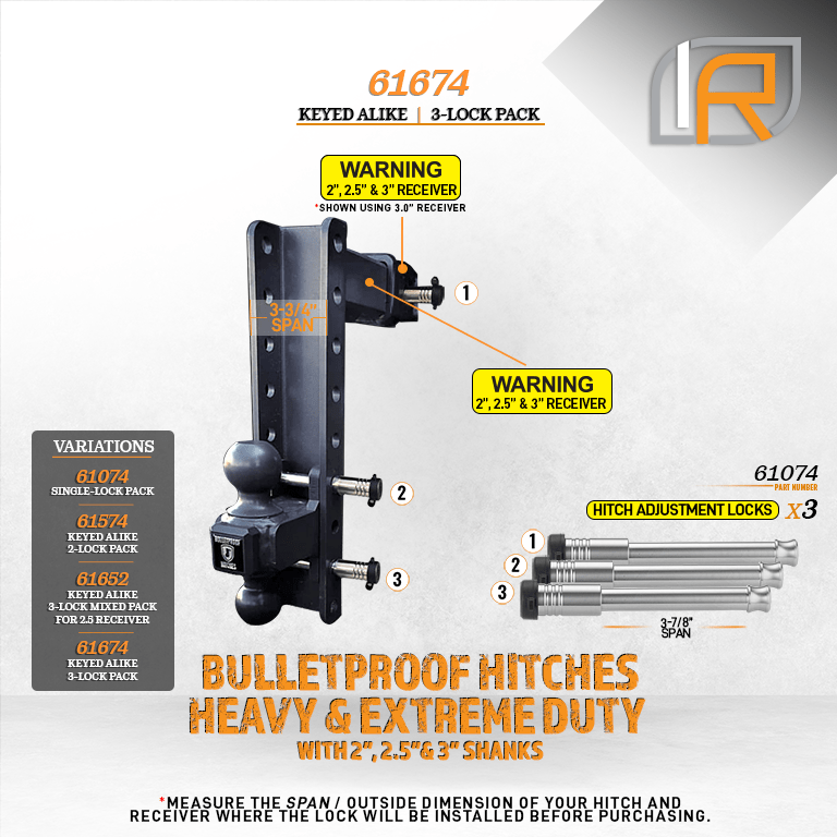 61674 | 3 Pack, Keyed Alike, Hitch Locks For BulletProof 2.0", 2.5", & 3.0" Drop Hitch - Fits Adjustable Ball Mount Only - DO