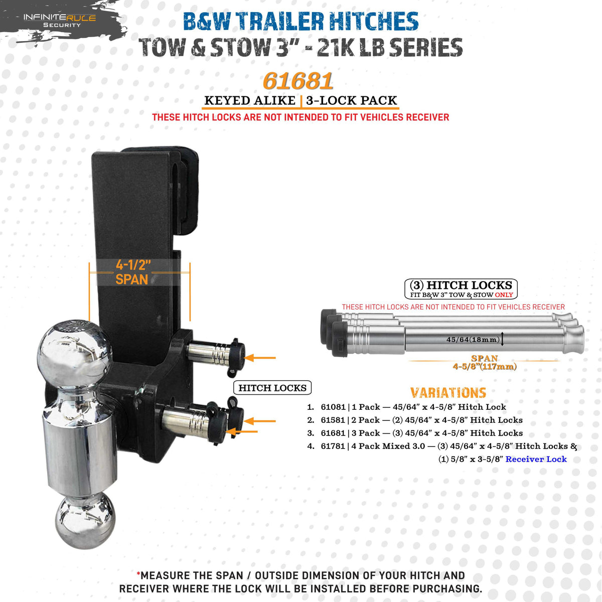 61681 | 3 Pack, Keyed Alike, Hitch Locks For B&W 3" Tow And Stow 21K LB Hitch - Fits Adjustable Ball Mount Only - DOES NOT FI