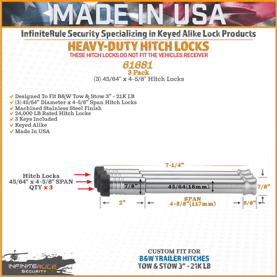 61681 | 3 Pack, Keyed Alike, Hitch Locks For B&W 3" Tow And Stow 21K LB Hitch - Fits Adjustable Ball Mount Only - DOES NOT FI