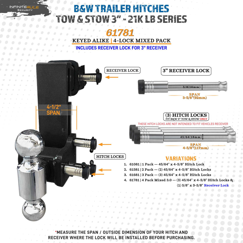 61781 | 4 Pack Mixed 3.0, Keyed Alike, Hitch Locks For B&W 3" Tow And Stow 21K LB Hitch - Includes Lock For 3.0" Receiver