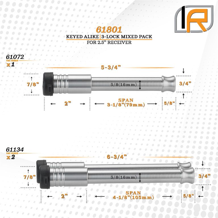 61801 | 3 Pack Mixed 2.5, Keyed Alike, Hitch Locks For Curt 2.5" Adjustable Channel Mount 20K LB Hitch - Includes Lock For 2.