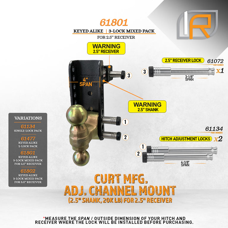61801 | 3 Pack Mixed 2.5, Keyed Alike, Hitch Locks For Curt 2.5" Adjustable Channel Mount 20K LB Hitch - Includes Lock For 2.