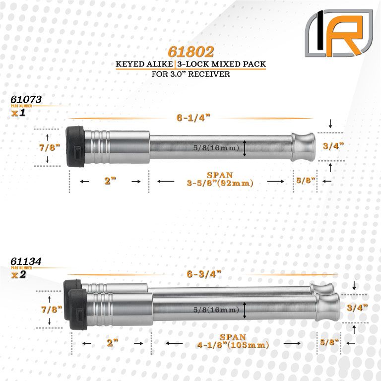 61802 | 3 Pack Mixed 3.0, Keyed Alike, Hitch Locks For Curt 2.5" Adjustable Channel Mount 20K LB Hitch - Includes Lock For 3.