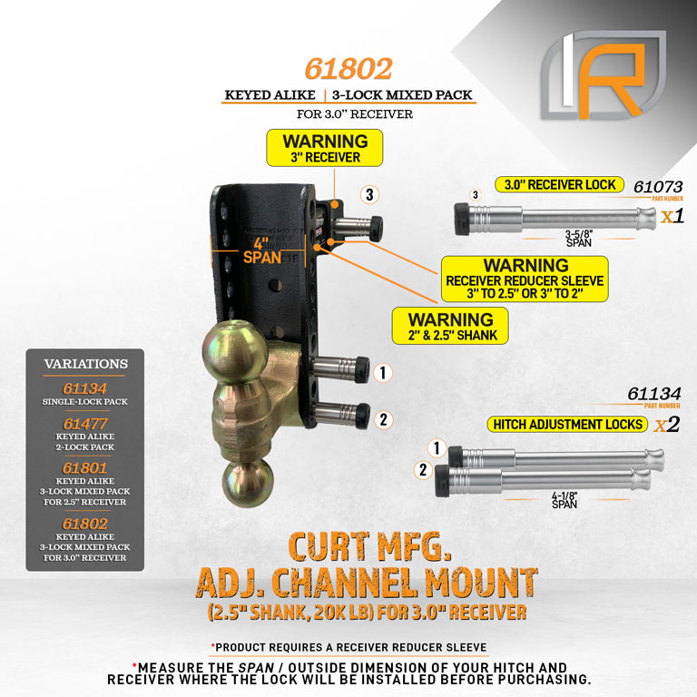 61802 | 3 Pack Mixed 3.0, Keyed Alike, Hitch Locks For Curt 2.5" Adjustable Channel Mount 20K LB Hitch - Includes Lock For 3.