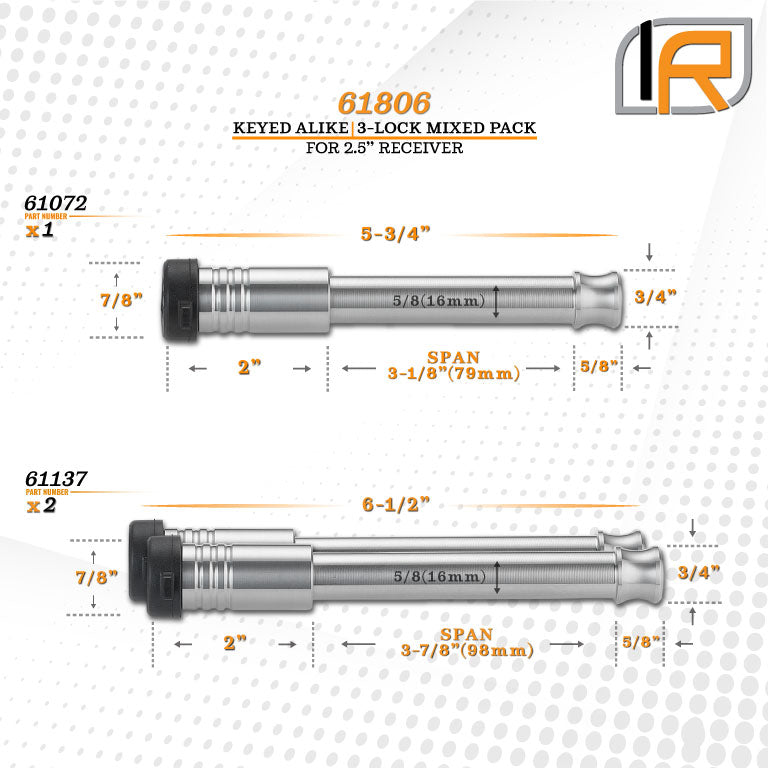 61806 | 3 Pack Mixed 2.5, Keyed Alike, Hitch Locks For Curt 2.0" Adjustable Channel Mount 14K LB Hitch - Includes Lock For 2.