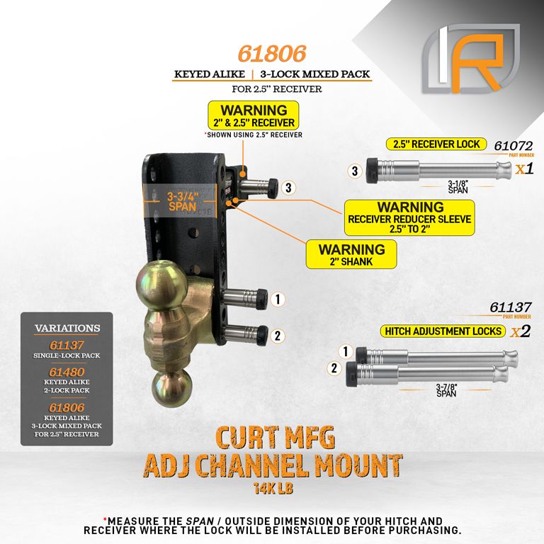 61806 | 3 Pack Mixed 2.5, Keyed Alike, Hitch Locks For Curt 2.0" Adjustable Channel Mount 14K LB Hitch - Includes Lock For 2.
