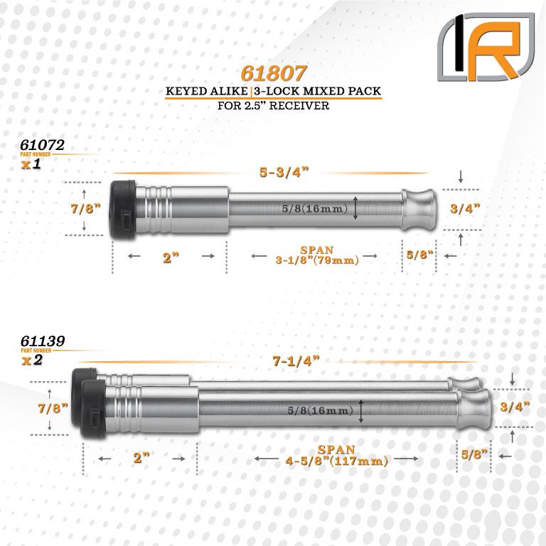 61807 | 3 Pack Mixed 2.5, Keyed Alike, Hitch Locks For Fastway SSBM 2.0" Solid Steel Ball Mount Hitch - Includes Lock For 2.5