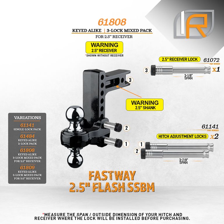61808 | 3 Pack Mixed 2.5, Keyed Alike, Hitch Locks For Fastway SSBM 2.5" Solid Steel Ball Mount Hitch - Includes Lock For 2.5