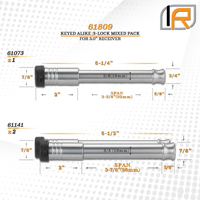 61809 | 3 Pack Mixed 3.0, Keyed Alike, Hitch Locks For Fastway SSBM 2.5" Solid Steel Ball Mount Hitch - Includes Lock For 3.0